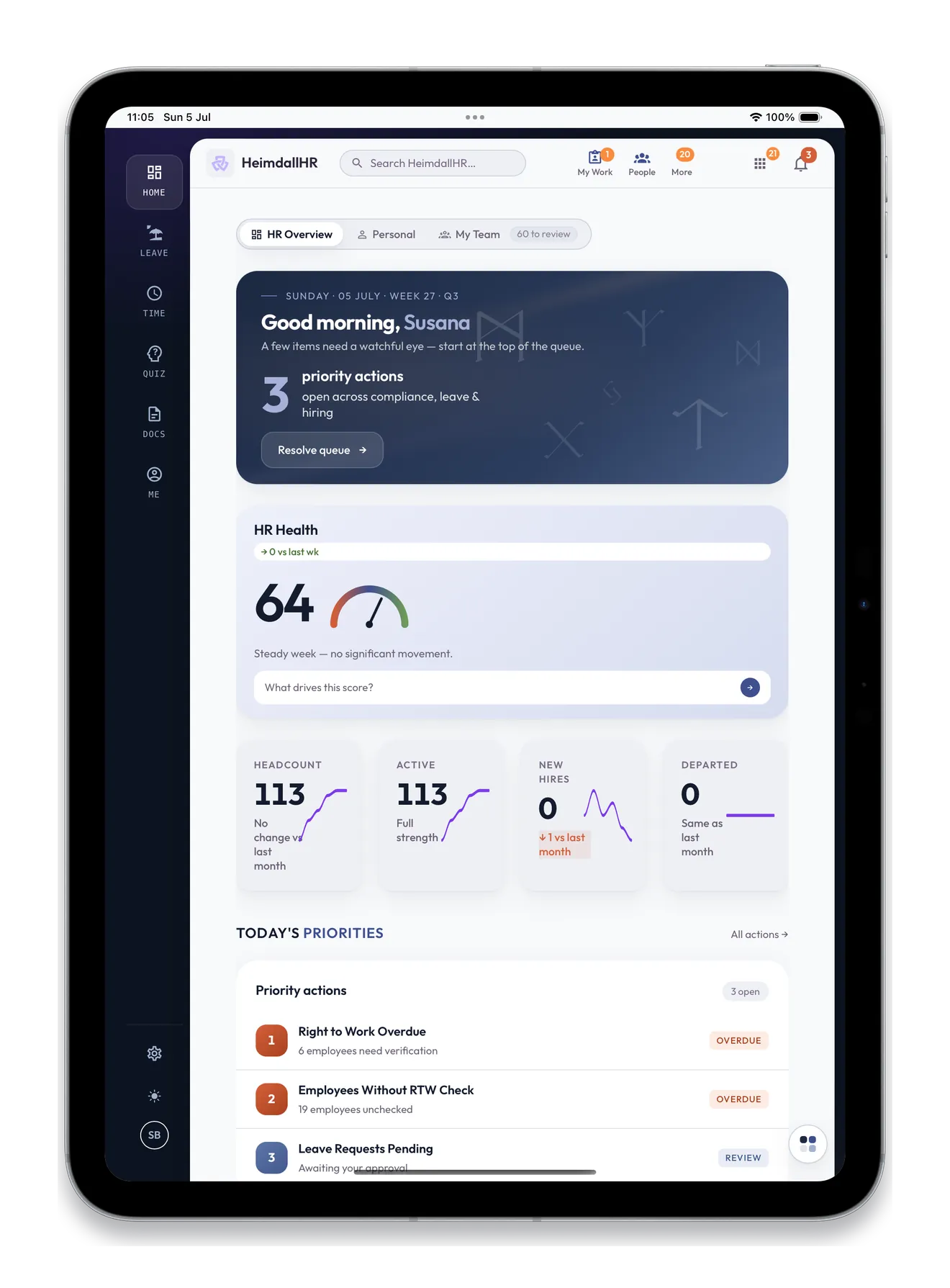 HeimdallHR iPad app dashboard