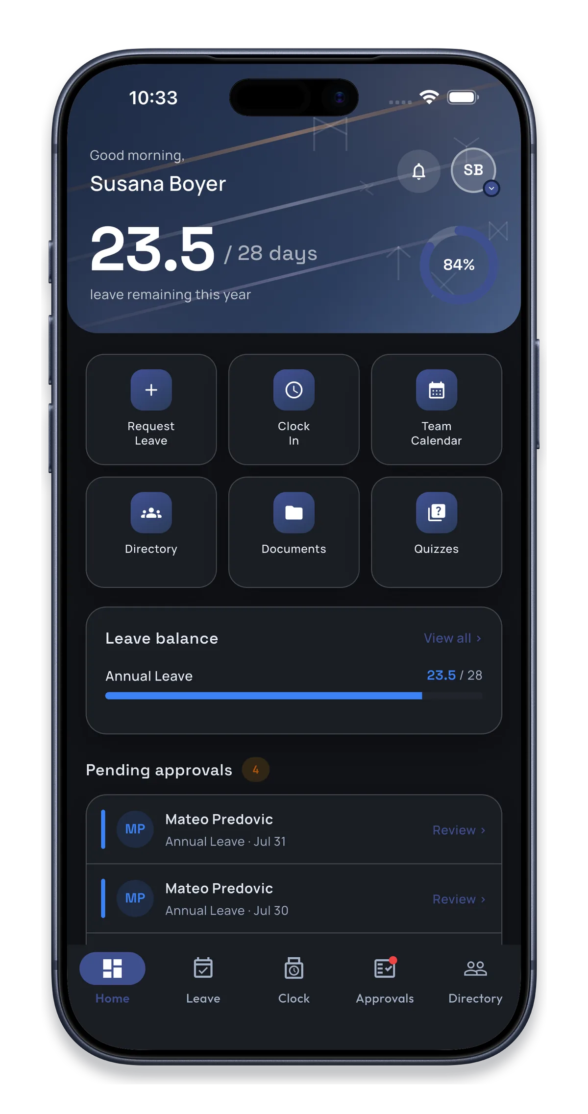 HeimdallHR iPhone app dashboard showing leave balance and pending approvals
